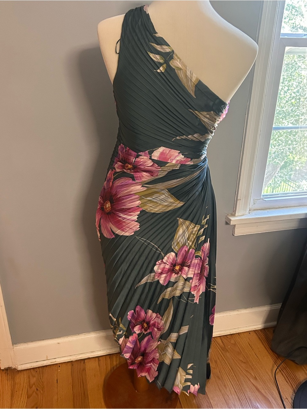 VICI One-Shoulder Pleated Maxi Dress in Forest Green and Pink Floral